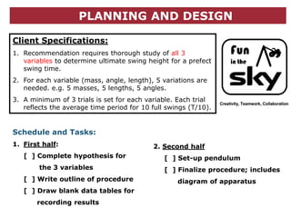 PLANNING AND DESIGN

Client Specifications:
1. Recommendation requires thorough study of all 3                    Fun
   variables to determine ultimate swing height for a prefect         in the
   swing time.
2. For each variable (mass, angle, length), 5 variations are
   needed. e.g. 5 masses, 5 lengths, 5 angles.
3. A minimum of 3 trials is set for each variable. Each trial
                                                                 Creativity, Teamwork, Collaboration
   reflects the average time period for 10 full swings (T/10).


Schedule and Tasks:
1. First half:                             2. Second half
   [ ] Complete hypothesis for                 [ ] Set-up pendulum
        the 3 variables                        [ ] Finalize procedure; includes
   [ ] Write outline of procedure                  diagram of apparatus
   [ ] Draw blank data tables for
       recording results
 
