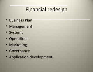 Financial redesign Business Plan Management  Systems Operations Marketing Governance Application development 