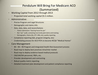 Pendulum Will Bring For Medicare ACO (Summarized) Working Capital from 2012 through 2013 Projected total working capital $5.5 million. Administrative: Precise Program and Legal Structures Demographic and claims info: Data, data, data, and reconciliations Claims submissions “clearing house for par” Non “par” audit, contesting incorrectly paid claims and tracking Demographic, Claims (Dx, CPT, DRG, etc), quality reporting. Compliance reporting (QA, program integrity, etc) Credentialing process for ACO PCPs to become NCQA “Medical Homes” Care Management 90 – 90 – 90 Program and Integrated Health Risk Assessment process Road map to deploy best practices intra/inter market Road map to deploy evidence based medical protocols CM/UM/SW personnel, P&Ps, etc. Provider development and contracting Robust quality metric reporting Detailed treatment plan development and patient compliance reporting 