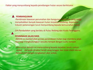 Faktor yang menyumbang kepada penebangan hutan secara berleluasa:



         PEMBANGUNAN
        -Pembinaan kawasan perumahan dan bangunan-bangunan yang tinggi
        menyebabkan banyak kawasan hutan terpaksa ditebang. Kepesatan
        Industri pelancongan turut menyumbang kepada kemusnahan hutan.

        Cth:Pembalakan yang berlaku di Pulau Redang dan Kuala Terengganu.

        PEMBINAAN JALAN RAYA
        -Aktiviti ini memerlukan proses penerokaan hutan bagi membina jalan
        raya bagi menghubungkan sesuatu tempat dengan suatu tempat.

        -Seterusnya aktivtiti ini menyumbang kepada kejadian tanah runtuh
         akibat daripada struktur tanah yang longgar dan tidak stabil ekoran
         daripada kehilangan cengkaman akar pokok.
 