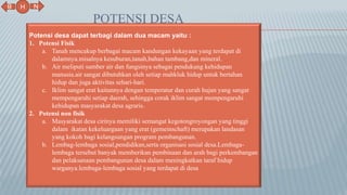 POTENSI DESA
N
B
H
Potensi desa dapat terbagi dalam dua macam yaitu :
1. Potensi Fisik
a. Tanah mencakup berbagai macam kandungan kekayaan yang terdapat di
dalamnya.misalnya kesuburan,tanah,bahan tambang,dan mineral.
b. Air meliputi sumber air dan fungsinya sebagai pendukung kehidupan
manusia.air sangat dibutuhkan oleh setiap mahkluk hidup untuk bertahan
hidup dan juga aktivitas sehari-hari.
c. Iklim sangat erat kaitannya dengan temperatur dan curah hujan yang sangat
mempengaruhi setiap daerah, sehingga corak iklim sangat mempengaruhi
kehidupan masyarakat desa agraris.
2. Potensi non fisik
a. Masyarakat desa cirinya memiliki semangat kegotongroyongan yang tinggi
dalam ikatan kekeluargaan yang erat (gemeinschaft) merupakan landasan
yang kokoh bagi kelangsungan program pembangunan.
b. Lembag-lembaga sosial,pendidikan,serta organisasi sosial desa.Lembaga-
lembaga tersebut banyak memberikan pembinaan dan arah bagi perkembangan
dan pelaksanaan pembangunan desa dalam meningkatkan taraf hidup
warganya.lembaga-lembaga sosial yang terdapat di desa
 