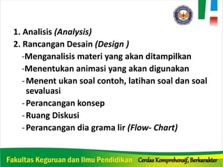 1. Analisis (Analysis)
2. Rancangan Desain (Design )
-Menganalisis materi yang akan ditampilkan
-Menentukan animasi yang akan digunakan
-Menent ukan soal contoh, latihan soal dan soal
sevaluasi
-Perancangan konsep
-Ruang Diskusi
-Perancangan dia grama lir (Flow- Chart)
 