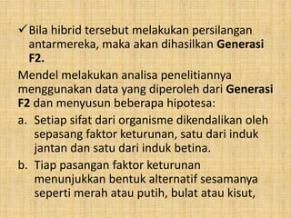 Bila hibrid tersebut melakukan persilangan
antarmereka, maka akan dihasilkan Generasi
F2.
Mendel melakukan analisa penelitiannya
menggunakan data yang diperoleh dari Generasi
F2 dan menyusun beberapa hipotesa:
a. Setiap sifat dari organisme dikendalikan oleh
sepasang faktor keturunan, satu dari induk
jantan dan satu dari induk betina.
b. Tiap pasangan faktor keturunan
menunjukkan bentuk alternatif sesamanya
seperti merah atau putih, bulat atau kisut,
 