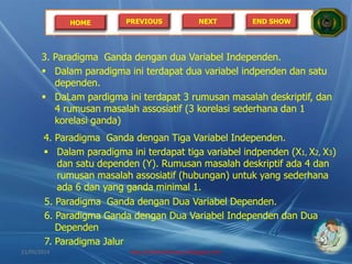HOME PREVIOUS NEXT END SHOW
3. Paradigma Ganda dengan dua Variabel Independen.
 Dalam paradigma ini terdapat dua variabel indpenden dan satu
dependen.
 DaLam pardigma ini terdapat 3 rumusan masalah deskriptif, dan
4 rumusan masalah assosiatif (3 korelasi sederhana dan 1
korelasi ganda)
4. Paradigma Ganda dengan Tiga Variabel Independen.
 Dalam paradigma ini terdapat tiga variabel indpenden (X1, X2, X3)
dan satu dependen (Y). Rumusan masalah deskriptif ada 4 dan
rumusan masalah assosiatif (hubungan) untuk yang sederhana
ada 6 dan yang ganda minimal 1.
5. Paradigma Ganda dengan Dua Variabel Dependen.
6. Paradigma Ganda dengan Dua Variabel Independen dan Dua
Dependen
7. Paradigma Jalur
21/05/2014 http://sholahudinsanusi.blogspot.com 17
 