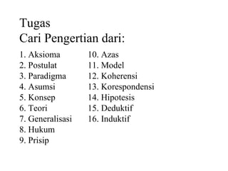Tugas  Cari Pengertian dari: 1. Aksioma 10. Azas 2. Postulat 11. Model 3. Paradigma 12. Koherensi 4. Asumsi 13. Korespondensi 5. Konsep 14. Hipotesis 6. Teori 15. Deduktif 7. Generalisasi 16. Induktif 8. Hukum 9. Prisip 
