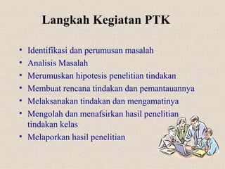 Langkah Kegiatan PTK Identifikasi dan perumusan masalah Analisis Masalah Merumuskan hipotesis penelitian tindakan Membuat rencana tindakan dan pemantauannya Melaksanakan tindakan dan mengamatinya Mengolah dan menafsirkan hasil penelitian tindakan kelas Melaporkan hasil penelitian 