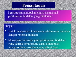 Pemantauan Pemantauan merupakan upaya mengamati pelaksanaan tindakan yang dilakukan Fungsi : Untuk mengetahui kesesuaian pelaksanaan tindakan dengan rencana tindakan 2.  Mengetahui seberapa jauh pelaksanaan tindakan yang sedang berlangsung dapat diharapkan menghasilkan perubahan yang diinginkan 