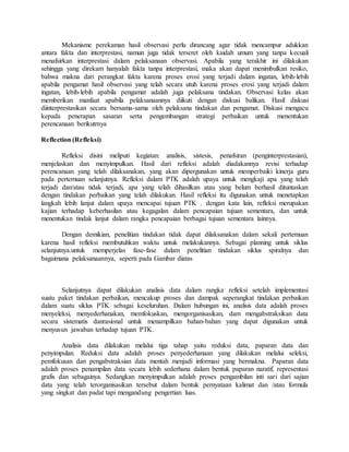 Mekanisme perekaman hasil observasi perlu dirancang agar tidak mencampur adukkan
antara fakta dan interprestasi, namun juga tidak terseret oleh kaidah umum yang tanpa kecuali
menafsirkan interprestasi dalam pelaksanaan observasi. Apabila yang terakhir ini dilakukan
sehingga yang direkam hanyalah fakta tanpa interprestasi, maka akan dapat menimbulkan resiko,
bahwa makna dari perangkat fakta karena proses erosi yang terjadi dalam ingatan, lebih-lebih
apabila pengamat hasil observasi yang telah secara utuh karena proses erosi yang terjadi dalam
ingatan, lebih-lebih apabila pengamat adalah juga pelaksana tindakan. Observasi kelas akan
memberikan manfaat apabila pelaksanaannya diikuti dengan diskusi balikan. Hasil diskusi
diinterprestasikan secara bersama-sama oleh pelaksana tindakan dan pengamat. Diskusi mengacu
kepada penerapan sasaran serta pengembangan strategi perbaikan untuk menentukan
perencanaan berikutrnya
Reflection (Refleksi)
Refleksi disini meliputi kegiatan: analisis, sistesis, penafsiran (penginterprestasian),
menjelaskan dan menyimpulkan. Hasil dari refleksi adalah diadakannya revisi terhadap
perencanaan yang telah dilaksanakan, yang akan dipergunakan untuk memperbaiki kinerja guru
pada pertemuan selanjutnya. Refleksi dalam PTK adalah upaya untuk mengkaji apa yang telah
terjadi dan/atau tidak terjadi, apa yang telah dihasilkan atau yang belum berhasil dituntaskan
dengan tindakan perbaikan yang telah dilakukan. Hasil refleksi itu digunakan untuk menetapkan
langkah lebih lanjut dalam upaya mencapai tujuan PTK . dengan kata lain, refleksi merupakan
kajian terhadap keberhasilan atau kegagalan dalam pencapaian tujuan sementara, dan untuk
menentukan tindak lanjut dalam rangka pencapaian berbagai tujuan sementara lainnya.
Dengan demikian, penelitian tindakan tidak dapat dilaksanakan dalam sekali pertemuan
karena hasil refleksi membutuhkan waktu untuk melakukannya. Sebagai planning untuk siklus
selanjutnya.untuk memperjelas fase-fase dalam penelitian tindakan siklus spiralnya dan
bagaimana pelaksanaannya, seperti pada Gambar diatas
Selanjutnya dapat dilakukan analisis data dalam rangka refleksi setelah implementasi
suatu paket tindakan perbaikan, mencakup proses dan dampak seperangkat tindakan perbaikan
dalam suatu siklus PTK sebagai keseluruhan. Dalam hubungan ini, analisis data adalah proses
menyeleksi, menyederhanakan, memfokuskan, mengorganisasikan, dam mengabstraksikan data
secara sistematis danrasional untuk menampilkan bahan-bahan yang dapat digunakan untuk
menyusun jawaban terhadap tujuan PTK.
Analisis data dilakukan melalui tiga tahap yaitu reduksi data, paparan data dan
penyimpulan. Reduksi data adalah proses penyederhanaan yang dilakukan melalui seleksi,
pemfokusan dan pengabstraksian data mentah menjadi informasi yang bermakna. Paparan data
adalah proses penampilan data secara lebih sederhana dalam bentuk paparan naratif, representasi
grafis dan sebagainya. Sedangkan menyimpulkan adalah proses pengambilan inti sari dari sajian
data yang telah terorganisasikan tersebut dalam bentuk pernyataan kalimat dan /atau formula
yang singkat dan padat tapi mengandung pengertian luas.
 
