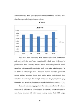 45
atau menurunkan suku bunga. Namun penyesuaian terhadap BI Rate tidak serta merta
dilakukan oleh bank sebagai sebuah kewajiban.
Grafik 2
Pada grafik diatas suku bunga Bank Indonesia pada tahun 2010 berkisar
pada level 6,50% dan relatif stabil pada tahun 2011. Pada tahun 2012 meski[un
perekonomian dunia khususnya Amerika Serikat mengalami penurunan, namun
pemerintah Indonesia malah memutuskan untuk menurunkan suku bunganya. Hal
ini dilakukan bukan tanpa alasan. Walaupun ekonomi melambat, pemerintah
melihat adanya penurunan inflasi yang terjadi karena pembangunan terus
dilakukan. Investor sangat bersemangat karena suku bunga yang rendah yang
ditawarkan oleh perbankan hingga karena mengikuti suku bunga acuan BI 5,75%.
Salah satu alasan mengapa pertumbuhan Indonesia melambat di beberapa
tahun terakhir adalah karena kebijakan Bank Indonesia (BI) untuk meningkatkan
suku bunga acuannya (BI rate) secara bertahap antara Juni 2013 sampai
0.00%
1.00%
2.00%
3.00%
4.00%
5.00%
6.00%
7.00%
8.00%
2010 2011 2012 2013 2014
BI Rate
BI Rate
 