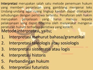 Interpretasi merupakan salah satu metode penemuan hukum
yang memberi penjelasan yang gamblang mengenai teks
Undang-undang agar ruang lingkup kaedah dapat ditetapkan
sehubungan dengan peristiwa tertentu. Penafsiran oleh hakim
merupakan penjelasan yang harus menuju kepada
pelaksanaan yang dapat diterima oleh masyarakat mengenai
peraturan hukum terhadap peristiwa yang konkrit.
Metode interpretasi, yaitu;
1. Interpretasi menurut bahasa/gramatikal
2. Interpretasi teleologis atau sosiologis
3. Interpretasi sistematis atau logis
4. Interpretasi historis
5. Perbandingan hukum
6. Interpretasi futuristis
 