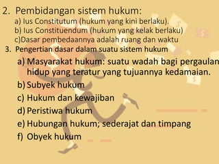 2. Pembidangan sistem hukum:
a) Ius Constitutum (hukum yang kini berlaku).
b) Ius Constituendum (hukum yang kelak berlaku)
c)Dasar pembedaannya adalah ruang dan waktu
3. Pengertian dasar dalam suatu sistem hukum
a) Masyarakat hukum: suatu wadah bagi pergaulan
hidup yang teratur yang tujuannya kedamaian.
b) Subyek hukum
c) Hukum dan kewajiban
d) Peristiwa hukum
e) Hubungan hukum; sederajat dan timpang
f) Obyek hukum
 
