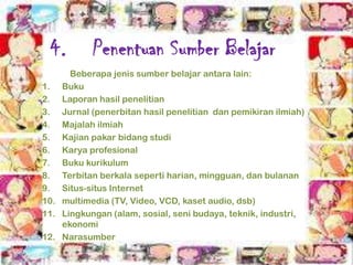 4.

Penentuan Sumber Belajar

Beberapa jenis sumber belajar antara lain:
1. Buku
2. Laporan hasil penelitian
3. Jurnal (penerbitan hasil penelitian dan pemikiran ilmiah)
4. Majalah ilmiah
5. Kajian pakar bidang studi
6. Karya profesional
7. Buku kurikulum
8. Terbitan berkala seperti harian, mingguan, dan bulanan
9. Situs-situs Internet
10. multimedia (TV, Video, VCD, kaset audio, dsb)
11. Lingkungan (alam, sosial, seni budaya, teknik, industri,
ekonomi
12. Narasumber

 