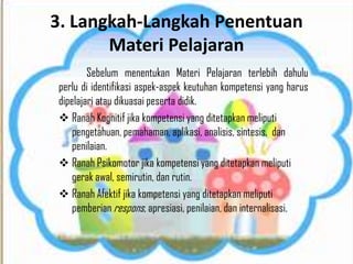3. Langkah-Langkah Penentuan
Materi Pelajaran
Sebelum menentukan Materi Pelajaran terlebih dahulu
perlu di identifikasi aspek-aspek keutuhan kompetensi yang harus
dipelajari atau dikuasai peserta didik.
 Ranah Kognitif jika kompetensi yang ditetapkan meliputi
pengetahuan, pemahaman, aplikasi, analisis, sintesis, dan
penilaian.
 Ranah Psikomotor jika kompetensi yang ditetapkan meliputi
gerak awal, semirutin, dan rutin.
 Ranah Afektif jika kompetensi yang ditetapkan meliputi
pemberian respons, apresiasi, penilaian, dan internalisasi.

 