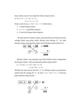 Secara aljabar, proses di atas dapat kita tuliskan sebagai berikut :
(a+b) ( a+c) = a2
+ ab + ac + bc
= a ( a + b + c ) + bc
Dalam contoh di atas, a = 10, b = -2, c = -3. Terlihat bahwa :
• a adalah bilangan rujukan
• ( a + b + c ) pejumlahan diagonal
• bc hasil kali bilangan dalam lingkaran
Jadi pada dasarnya bilangan rujukan yang digunakan bisa bermacam-macam,
sehingga dipilih yang paling mudah. Misalnya akan dihitung 53 × 48, maka
bilangan rujukan yang digunakan adalah karena bilangan tersebut dekat ke 50.
Bilangan rujukan yang digunakan juga boleh berbeda, artinya menggunakan
dua bilangan rujukan. Sifat yang digunakan adalah sebagai berikut :
( a + b ) ( ka + c ) = ka2
+ kab + ac + bc
= a ( ka + kb + c ) + bc
Misalnya kita ingin mencari hasil kali 13 × 41. Bilangan rujukan yang digunakan
adalah 10 dan 40, sehingga 40 = 4 × 10. Jadi k = 4, a = 10, b = 3, c = 1. Prosesnya
dapat dituliskan sebagai berikut :
3 1
13 41×
× 3 +
5310 × 4
12 533
=
4 -2
54 48×
×
8 +
= 2600
2608
50
 