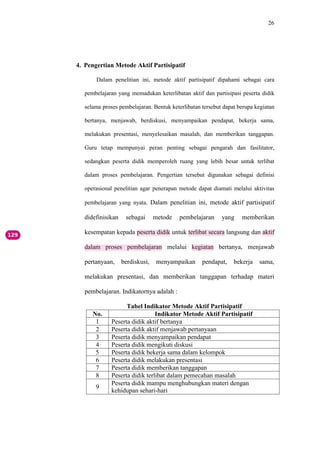26
4. Pengertian Metode Aktif Partisipatif
Dalam penelitian ini, metode aktif partisipatif dipahami sebagai cara
pembelajaran yang memadukan keterlibatan aktif dan partisipasi peserta didik
selama proses pembelajaran. Bentuk keterlibatan tersebut dapat berupa kegiatan
bertanya, menjawab, berdiskusi, menyampaikan pendapat, bekerja sama,
melakukan presentasi, menyelesaikan masalah, dan memberikan tanggapan.
Guru tetap mempunyai peran penting sebagai pengarah dan fasilitator,
sedangkan peserta didik memperoleh ruang yang lebih besar untuk terlibat
dalam proses pembelajaran. Pengertian tersebut digunakan sebagai definisi
operasional penelitian agar penerapan metode dapat diamati melalui aktivitas
pembelajaran yang nyata. Dalam penelitian ini, metode aktif partisipatif
didefinisikan sebagai metode pembelajaran yang memberikan
kesempatan kepada peserta didik untuk terlibat secara langsung dan aktif
dalam proses pembelajaran melalui kegiatan bertanya, menjawab
pertanyaan, berdiskusi, menyampaikan pendapat, bekerja sama,
melakukan presentasi, dan memberikan tanggapan terhadap materi
pembelajaran. Indikatornya adalah :
Tabel Indikator Metode Aktif Partisipatif
No. Indikator Metode Aktif Partisipatif
1 Peserta didik aktif bertanya
2 Peserta didik aktif menjawab pertanyaan
3 Peserta didik menyampaikan pendapat
4 Peserta didik mengikuti diskusi
5 Peserta didik bekerja sama dalam kelompok
6 Peserta didik melakukan presentasi
7 Peserta didik memberikan tanggapan
8 Peserta didik terlibat dalam pemecahan masalah
9
Peserta didik mampu menghubungkan materi dengan
kehidupan sehari-hari
 