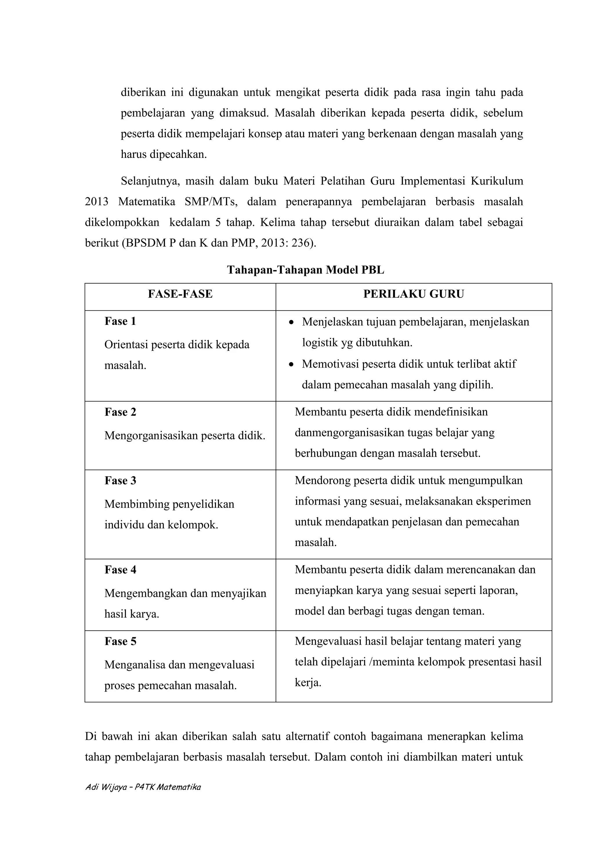 Adi Wijaya – P4TK Matematika
diberikan ini digunakan untuk mengikat peserta didik pada rasa ingin tahu pada
pembelajaran yang dimaksud. Masalah diberikan kepada peserta didik, sebelum
peserta didik mempelajari konsep atau materi yang berkenaan dengan masalah yang
harus dipecahkan.
Selanjutnya, masih dalam buku Materi Pelatihan Guru Implementasi Kurikulum
2013 Matematika SMP/MTs, dalam penerapannya pembelajaran berbasis masalah
dikelompokkan kedalam 5 tahap. Kelima tahap tersebut diuraikan dalam tabel sebagai
berikut (BPSDM P dan K dan PMP, 2013: 236).
Tahapan-Tahapan Model PBL
FASE-FASE PERILAKU GURU
Fase 1
Orientasi peserta didik kepada
masalah.
 Menjelaskan tujuan pembelajaran, menjelaskan
logistik yg dibutuhkan.
 Memotivasi peserta didik untuk terlibat aktif
dalam pemecahan masalah yang dipilih.
Fase 2
Mengorganisasikan peserta didik.
Membantu peserta didik mendefinisikan
danmengorganisasikan tugas belajar yang
berhubungan dengan masalah tersebut.
Fase 3
Membimbing penyelidikan
individu dan kelompok.
Mendorong peserta didik untuk mengumpulkan
informasi yang sesuai, melaksanakan eksperimen
untuk mendapatkan penjelasan dan pemecahan
masalah.
Fase 4
Mengembangkan dan menyajikan
hasil karya.
Membantu peserta didik dalam merencanakan dan
menyiapkan karya yang sesuai seperti laporan,
model dan berbagi tugas dengan teman.
Fase 5
Menganalisa dan mengevaluasi
proses pemecahan masalah.
Mengevaluasi hasil belajar tentang materi yang
telah dipelajari /meminta kelompok presentasi hasil
kerja.
Di bawah ini akan diberikan salah satu alternatif contoh bagaimana menerapkan kelima
tahap pembelajaran berbasis masalah tersebut. Dalam contoh ini diambilkan materi untuk
 