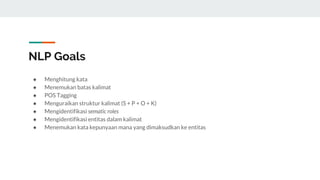 NLP Goals
● Menghitung kata
● Menemukan batas kalimat
● POS Tagging
● Menguraikan struktur kalimat (S + P + O + K)
● Mengidentifikasi sematic roles
● Mengidentifikasi entitas dalam kalimat
● Menemukan kata kepunyaan mana yang dimaksudkan ke entitas
 