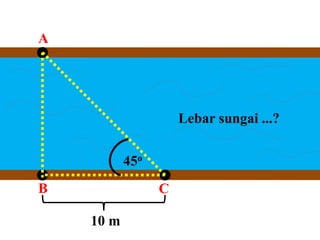 A
B C
45o
10 m
Lebar sungai ...?
 