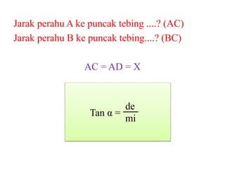 Jarak perahu A ke puncak tebing ....? (AC)
Jarak perahu B ke puncak tebing....? (BC)
AC = AD = X
Tan α =
de
mi
 