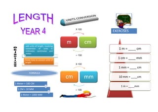 X 100
                                                           EXERCISES


                                         m            cm
        add units of length, involving
        conversion of units in                                1 m = ____ cm
        milimeter, centimeter and
        meter.
                                               100

        know how to convert units of
                                                              1 cm = ____ mm
        length
                                              X 100
                                                              1 mm = ____ cm
           FORMULA
                                         cm           mm      10 mm = ____cm

1 Meter = 100 CM
                                                               1 m = ____mm
  1 CM = 10 MM                                 100

    1 Meter = 1000 MM
 