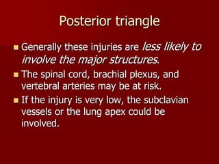 Posterior triangle
 Generally these injuries are less likely to
involve the major structures.
 The spinal cord, brachial plexus, and
vertebral arteries may be at risk.
 If the injury is very low, the subclavian
vessels or the lung apex could be
involved.
 