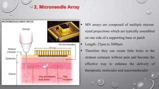 18
2. Microneedle Array
 MN arrays are composed of multiple micron-
sized projections which are typically assembled
on one side of a supporting base or patch
 Length- 25μm to 2000μm
 Therefore they can create little holes in the
stratum corneum without pain and become the
effective way to enhance the delivery of
therapeutic molecules and macromolecules
VNS Group of Institutes
 