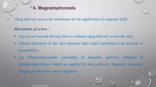 20
4. Magnetophoresis
 Acts as an external driving force to enhance drug delivery across the skin
 Induces alteration in the skin structure that could contribute to an increase in
permeability
 e.g. Magnatoliposomes consisting of magnetic particles wrapped in
phospholipid bilayer which are applied for drug delivery, Magnetic resonance
imaging markers for cancer diagnosis
Mechanism of action :
Drug delivery across the membrane by the application of magnetic field
VNS Group of Institutes
 