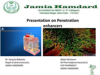 Presentation on Penetration
                           enhancers




Dr. Sanjula Baboota                 Abdul Muheem
Deptt of pharmaceutics              M.Pharma(pharmaceutics)
JAMIA HAMDARD                       F/O PHARMACY
                                    JAMIA HAMDARD
 
