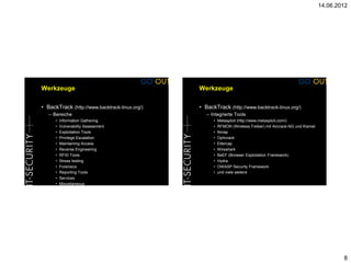 14.06.2012




Werkzeuge                                       Werkzeuge

• BackTrack (http://www.backtrack-linux.org/)   • BackTrack (http://www.backtrack-linux.org/)
   – Bereiche                                      – Integrierte Tools
      •   Information Gathering                       •   Metasploit (http://www.metasploit.com/)
      •   Vulnerability Assessment                    •   RFMON (Wireless Treiber) mit Aircrack-NG und Kismet
      •   Exploitation Tools                          •   Nmap
      •   Privilege Escalation                        •   Ophcrack
      •   Maintaining Access                          •   Ettercap
      •   Reverse Engineering                         •   Wireshark
      •   RFID Tools                                  •   BeEF (Browser Exploitation Framework)
      •   Stress testing                              •   Hydra
      •   Forensics                                   •   OWASP Security Framework
      •   Reporting Tools                             •   und viele weitere
      •   Services
      •   Miscellaneous




                                                                                                                        8
 