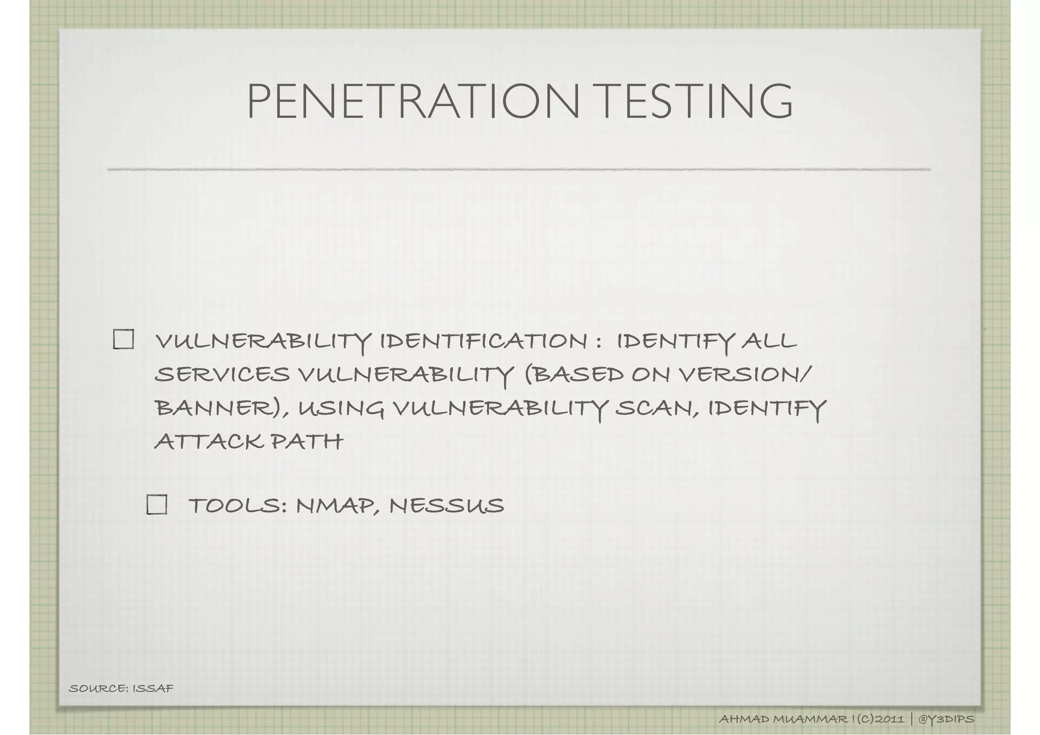 PENETRATION TESTING



          VULNERABILITY IDENTIFICATION : IDENTIFY ALL
          SERVICES VULNERABILITY (BASED ON VERSION/
          BANNER), USING VULNERABILITY SCAN, IDENTIFY
          ATTACK PATH

                TOOLS: NMAP, NESSUS




SOURCE: ISSAF

                                              AHMAD MUAMMAR !(C)2011 | @Y3DIPS
 