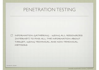 PENETRATION TESTING




          INFORMATION GATHERING : USING ALL RESOURCES
          (INTERNET) TO FIND ALL THE INFORMATION ABOUT
          TARGET, USING TECHNICAL AND NON-TEHCNICAL
          METHODS




SOURCE: ISSAF

                                            AHMAD MUAMMAR !(C)2011 | @Y3DIPS
 