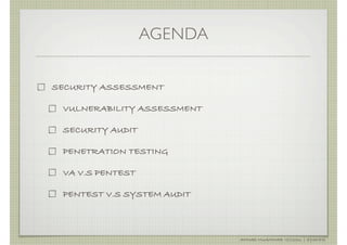 AGENDA


SECURITY ASSESSMENT

 VULNERABILITY ASSESSMENT

 SECURITY AUDIT

 PENETRATION TESTING

 VA V.S PENTEST

 PENTEST V.S SYSTEM AUDIT



                            AHMAD MUAMMAR !(C)2011 | @Y3DIPS
 