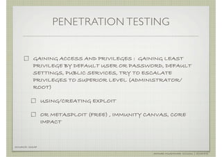 PENETRATION TESTING


          GAINING ACCESS AND PRIVILEGES : GAINING LEAST
          PRIVILEGE BY DEFAULT USER OR PASSWORD, DEFAULT
          SETTINGS, PUBLIC SERVICES, TRY TO ESCALATE
          PRIVILEGES TO SUPERIOR LEVEL (ADMINISTRATOR/
          ROOT)

                USING/CREATING EXPLOIT

                OR METASPLOIT (FREE) , IMMUNITY CANVAS, CORE
                IMPACT



SOURCE: ISSAF

                                                  AHMAD MUAMMAR !(C)2011 | @Y3DIPS
 