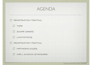 AGENDA

PENETRATION TESTING

  TYPE

  SCOPE (AREA)

  LIMITATIONS

PENETRATION TESTING

  METHODOLOGIES

  WELL KNOWN STANDARD


                          AHMAD MUAMMAR !(C)2011 | @Y3DIPS
 
