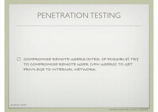 PENETRATION TESTING




          COMPROMISE REMOTE USERS/SITES: (IF POSSIBLE) TRY
          TO COMPROMISE REMOTE USER (VPN USERS) TO GET
          PRIVILEGE TO INTERNAL NETWORK




SOURCE: ISSAF

                                             AHMAD MUAMMAR !(C)2011 | @Y3DIPS
 