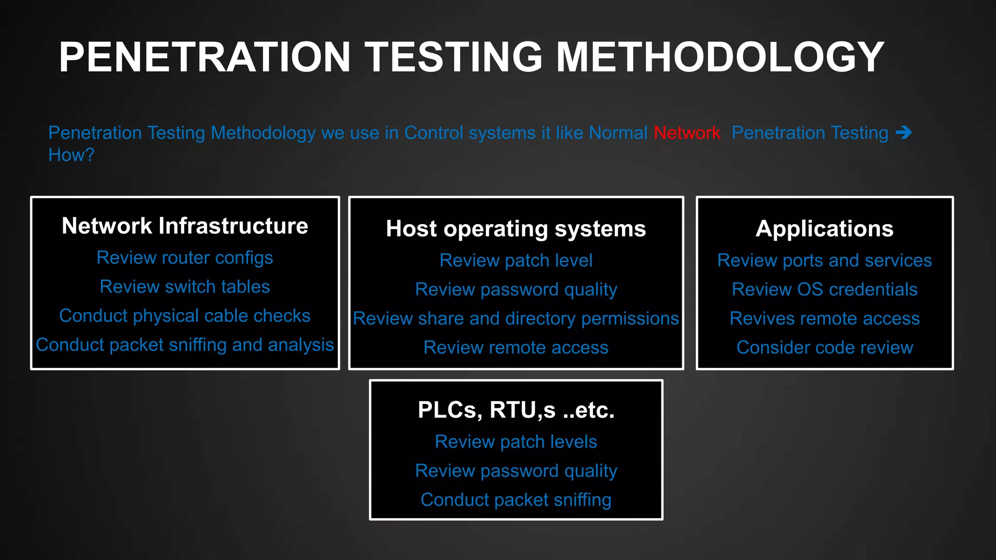 PENETRATION TESTING METHODOLOGY
Penetration Testing Methodology we use in Control systems it like Normal Network Penetration Testing 
How?
Network Infrastructure
Review router configs
Review switch tables
Conduct physical cable checks
Conduct packet sniffing and analysis
Host operating systems
Review patch level
Review password quality
Review share and directory permissions
Review remote access
Applications
Review ports and services
Review OS credentials
Revives remote access
Consider code review
PLCs, RTU,s ..etc.
Review patch levels
Review password quality
Conduct packet sniffing
 