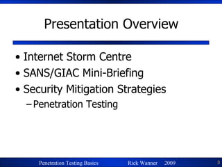 Presentation Overview Internet Storm Centre SANS/GIAC Mini-Briefing Security Mitigation Strategies Penetration Testing 