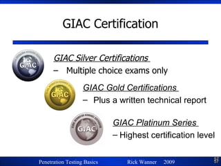 GIAC Certification GIAC Silver Certifications  Multiple choice exams only GIAC Gold Certifications  Plus a written technical report GIAC Platinum Series  Highest certification level 