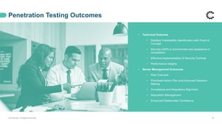 Penetration Testing Outcomes
ControlCase. All Rights Reserved. 19
• Technical Outcome
• Detailed Vulnerability Identification with Proof of
Concept
• Security GAPs in environment and assistance in
remediation
• Effective Implementation of Security Controls
• Performance Insights
• Senior Management Outcomes
• Risk Overview
• Prioritized Action Plan and Improved Decision-
Making
• Compliance and Regulatory Alignment
• Reputation Management
• Enhanced Stakeholder Confidence
 
