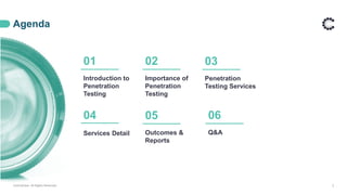 ControlCase. All Rights Reserved. 2
Agenda
Introduction to
Penetration
Testing
Importance of
Penetration
Testing
Penetration
Testing Services
Services Detail
01 02 03
04
Outcomes &
Reports
05
Q&A
06
 