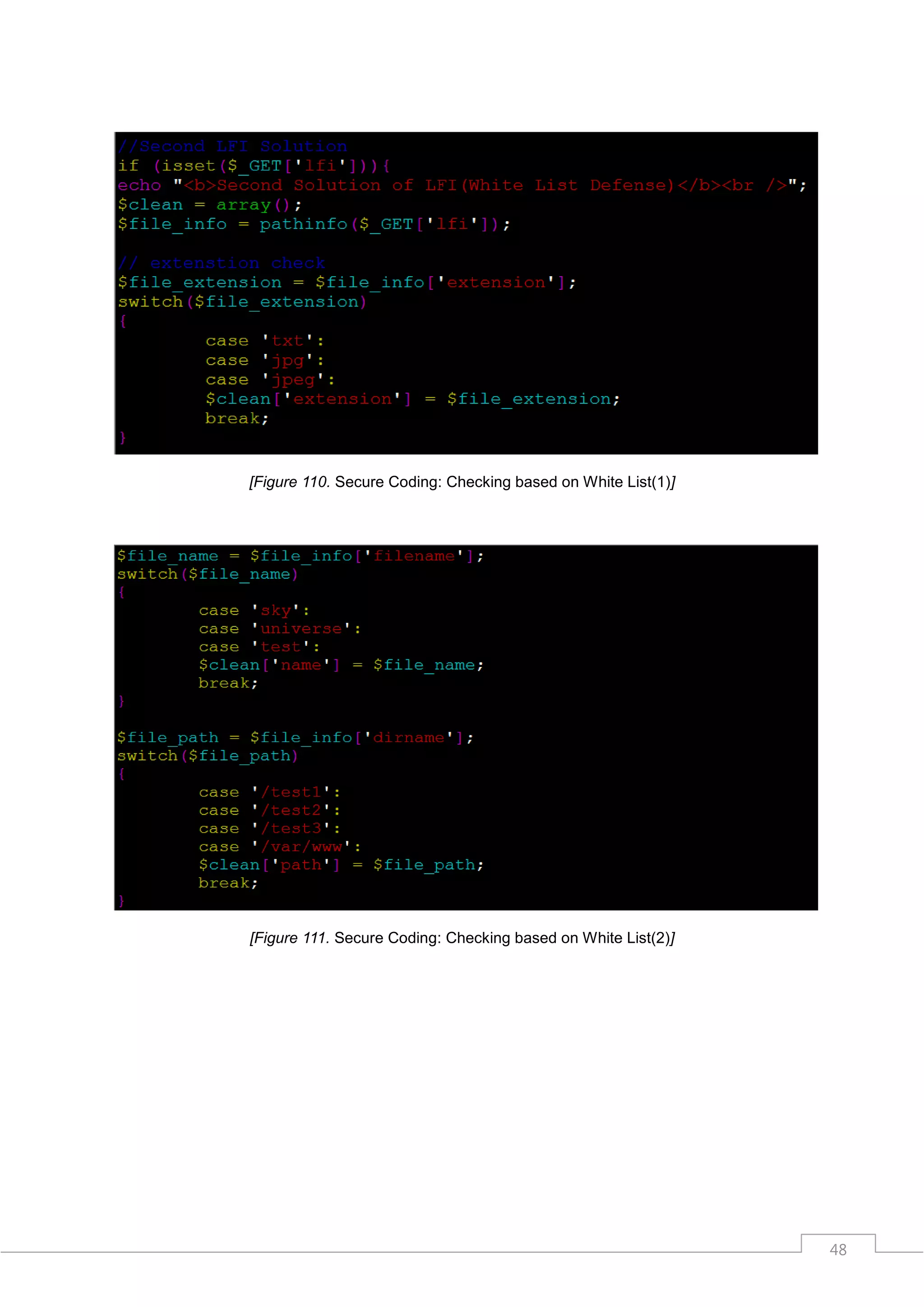 [Figure 110. Secure Coding: Checking based on White List(1)]




[Figure 111. Secure Coding: Checking based on White List(2)]




                                                               48
 