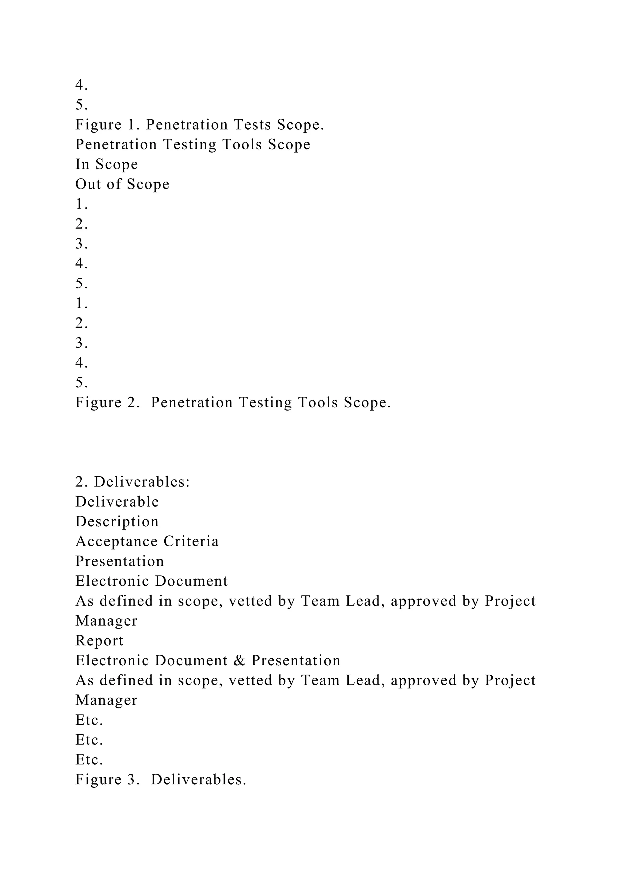 4.
5.
Figure 1. Penetration Tests Scope.
Penetration Testing Tools Scope
In Scope
Out of Scope
1.
2.
3.
4.
5.
1.
2.
3.
4.
5.
Figure 2. Penetration Testing Tools Scope.
2. Deliverables:
Deliverable
Description
Acceptance Criteria
Presentation
Electronic Document
As defined in scope, vetted by Team Lead, approved by Project
Manager
Report
Electronic Document & Presentation
As defined in scope, vetted by Team Lead, approved by Project
Manager
Etc.
Etc.
Etc.
Figure 3. Deliverables.
 