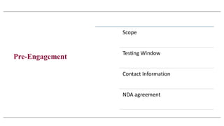 Pre-Engagement
Scope
Testing Window
Contact Information
NDA agreement
 