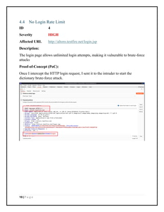 10 | P a g e
4.4 No Login Rate Limit
ID 4
Severity HIGH
Affected URL http://altoro.testfire.net/login.jsp
Description:
The login page allows unlimited login attempts, making it vulnerable to brute-force
attacks
Proof-of-Concept (PoC):
Once I intercept the HTTP login request, I sent it to the intruder to start the
dictionary brute-force attack.
 