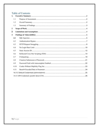 1 | P a g e
Table of Contents
1. Executive Summary .............................................................................................................2
1.1 Purpose of Assessment....................................................................................................2
1.2 Overall Summary...........................................................................................................2
1.3 Summary of Findings .....................................................................................................3
2 Scope of Work......................................................................................................................4
3 Limitations and Assumptions................................................................................................4
4 Findings & Vulnerabilities....................................................................................................5
4.1 SQL Injection ................................................................................................................5
4.2 Authentication Bypass....................................................................................................7
4.3 HTTP Request Smuggling...............................................................................................9
4.4 No Login Rate Limit ....................................................................................................10
4.5 Static Session ID..........................................................................................................12
4.6 Reflected Cross-Site Scripting (XSS) .............................................................................14
4.7 Clickjacking................................................................................................................19
4.8 Cleartext Submission of Password..................................................................................21
4.9 Password Field with Autocomplete Enabled ....................................................................22
4.10 Cookie Without HttpOnly Flag Set.................................................................................23
4.11 Base64-Encoded Data in Parameter................................................................................24
14.12 Default Credentials (admin/admin) ...............................................................................25
14.13 API Credentials (jsmith/ demo1234)..................................................................................26
 