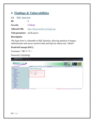5 | P a g e
4 Findings & Vulnerabilities
4.1 SQL Injection
ID 1
Severity Critical
Affected URL http://altoro.testfire.net/login.jsp
Vuln-parameter uid & passw
Description:
The login form is vulnerable to SQL Injection, allowing attackers to bypass
authentication and access sensitive data and login by admin user “admin”
Proof-of-Concept (PoC):
Username: ' OR '1'='1' --
Password: [Anything]
 