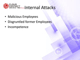 Internal Attacks
• Malicious Employees
• Disgruntled former Employees
• Incompetence
 