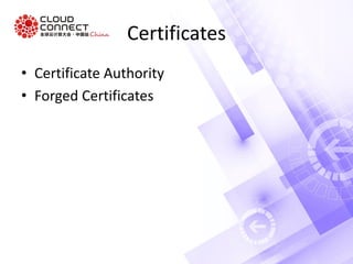 Certificates
• Certificate Authority
• Forged Certificates
 