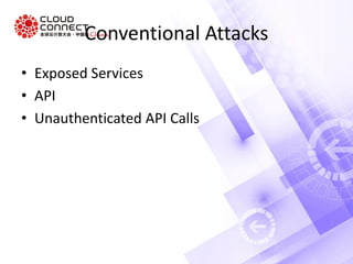 Conventional Attacks
• Exposed Services
• API
• Unauthenticated API Calls
 